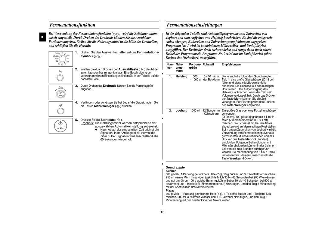 Samsung CE1100-S/XEG Fermentationsfunktion Fermentationseinstellungen, Ergebnis Die Nahrungsmittel werden entsprechend der 