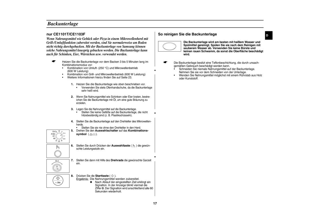 Samsung CE1100-S/XEG manual Backunterlage, Drehen Sie den Auswahlschalter auf das Kombinations Symbol 