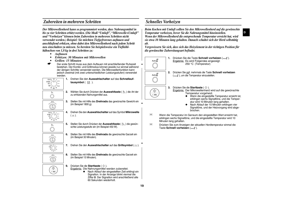 Samsung CE1100-S/XEG manual Zubereiten in mehreren Schritten, Schnelles Vorheizen, Taste Schnell vorheizen 