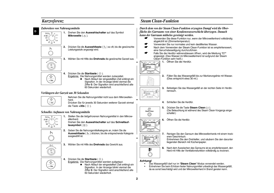 Samsung CE1100-S/XEG manual Kurzreferenz, Steam Clean-Funktion, Mikrowelle, Achtung 