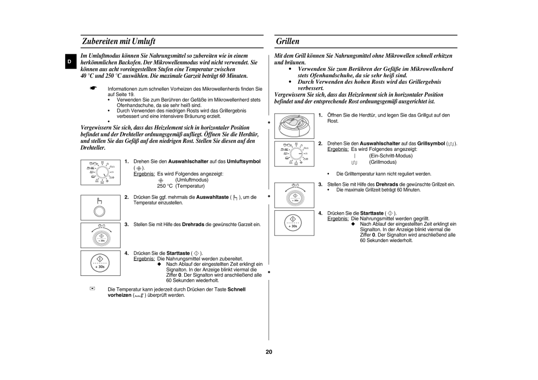 Samsung CE1100-S/XEG manual Zubereiten mit Umluft, Grillen, Drehen Sie den Auswahlschalter auf das Umluftsymbol 