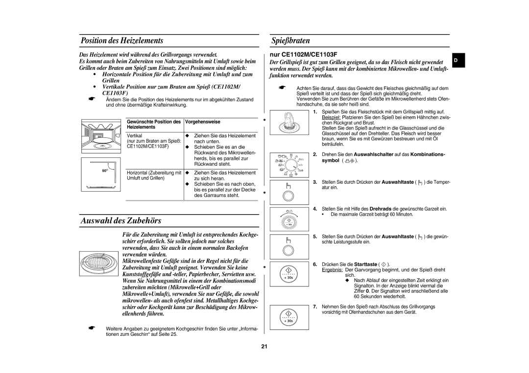 Samsung CE1100-S/XEG manual Auswahl des Zubehörs, Position des Heizelements, Spießbraten 