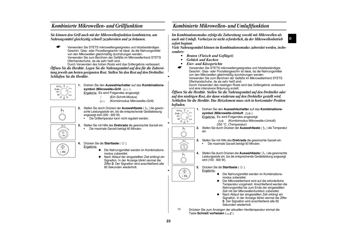 Samsung CE1100-S/XEG manual Kombinierte Mikrowellen- und Grillfunktion, Kombinierte Mikrowellen- und Umluftfunktion 