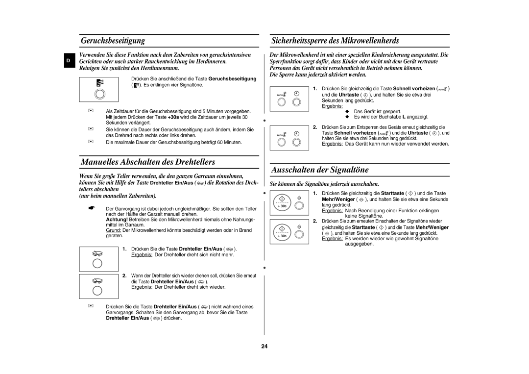 Samsung CE1100-S/XEG manual Manuelles Abschalten des Drehtellers, Ausschalten der Signaltöne, Geruchsbeseitigung 