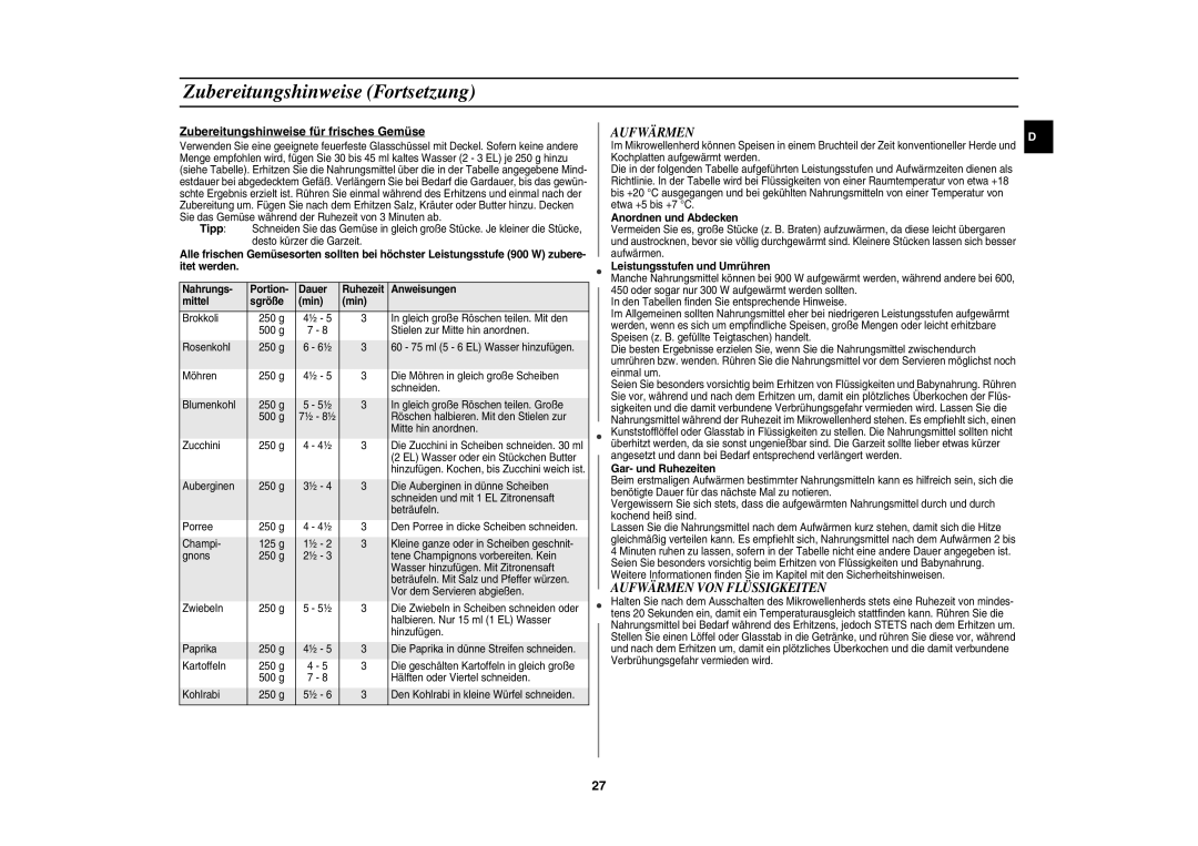 Samsung CE1100-S/XEG manual Zubereitungshinweise Fortsetzung, Aufwärmen VON Flüssigkeiten 