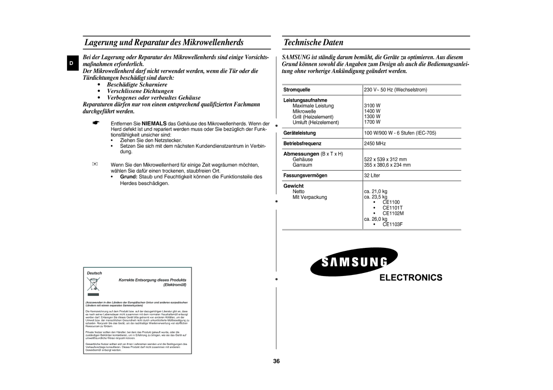 Samsung CE1100-S/XEG manual Lagerung und Reparatur des Mikrowellenherds, Technische Daten, Abmessungen B x T x H, Gewicht 