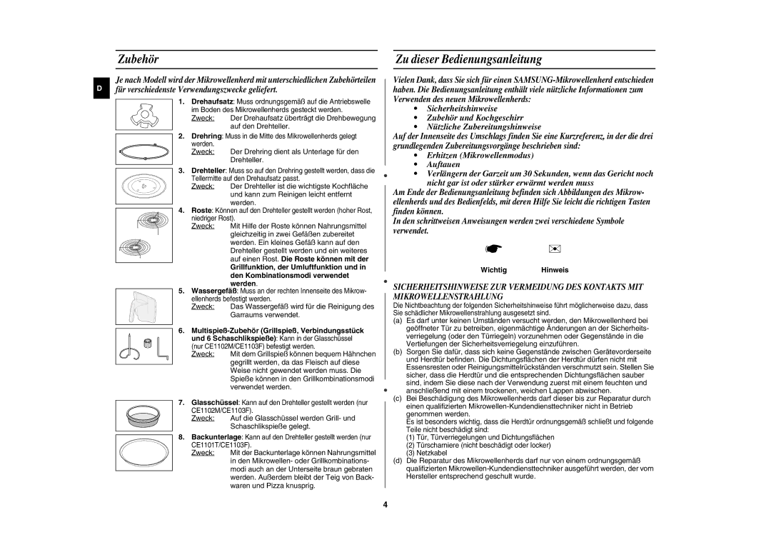 Samsung CE1100-S/XEG manual Zubehör, Zu dieser Bedienungsanleitung, Den Kombinationsmodi verwendet, Werden, Wichtig Hinweis 