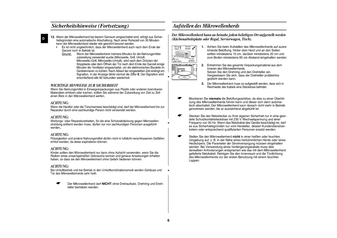 Samsung CE1100-S/XEG Sicherheitshinweise Fortsetzung, Aufstellen des Mikrowellenherds, Wichtige Hinweise ZUR Sicherheit 