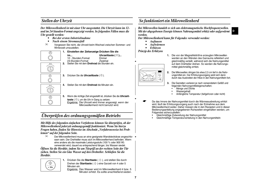 Samsung CE1100-S/XEG Überprüfen des ordnungsgemäßen Betriebs, Stellen der Uhrzeit, So funktioniert ein Mikrowellenherd 