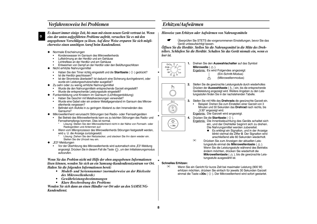 Samsung CE1100-S/XEG manual Verfahrensweise bei Problemen, Erhitzen/Aufwärmen 