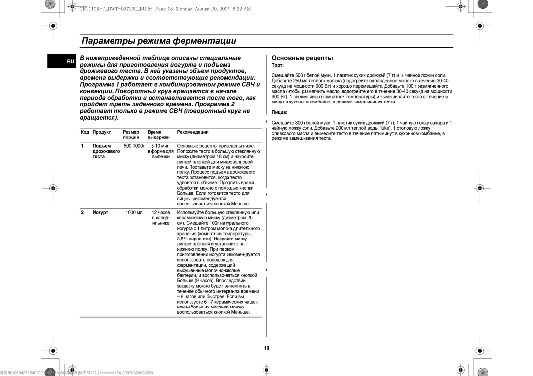 Samsung CE1110R-D/BWT, CE1110R/BWT, CE1110R/SBW manual Параметры режима ферментации 