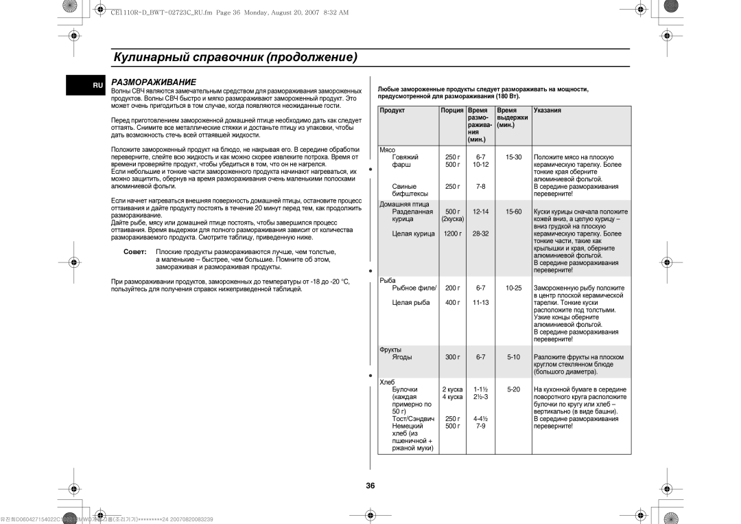 Samsung CE1110R-D/BWT, CE1110R/BWT, CE1110R/SBW manual Размораживание 