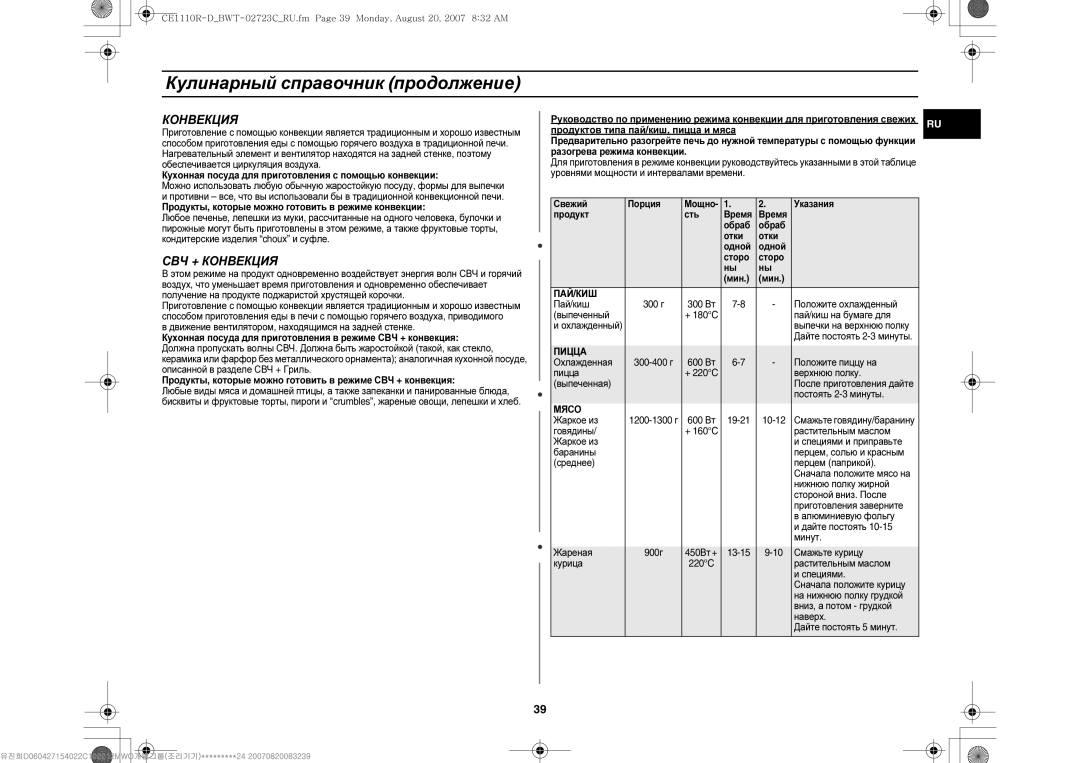 Samsung CE1110R-D/BWT, CE1110R/BWT, CE1110R/SBW manual СВЧ + Конвекция, Пай/Киш, Пицца, Мясо 