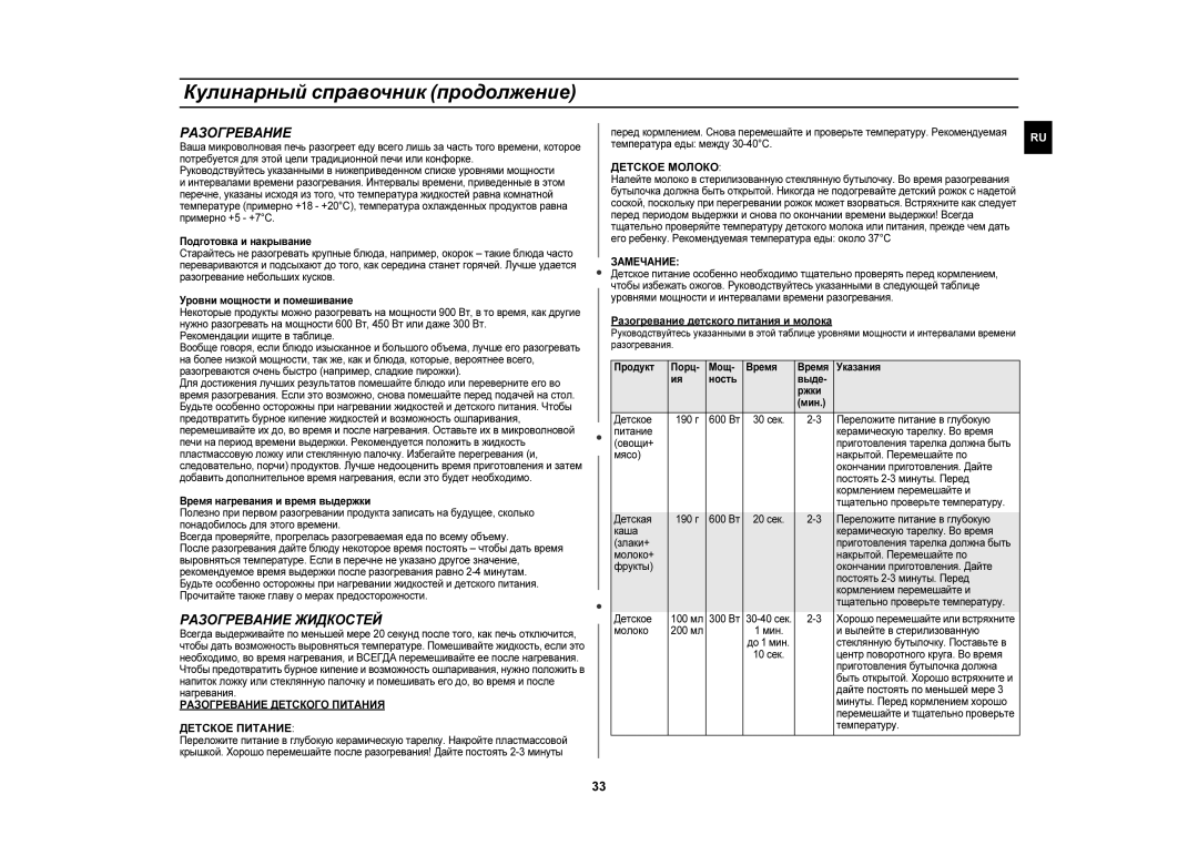 Samsung CE1110R-D/BWT, CE1110R/BWT, CE1110R/SBW manual Разогревание Жидкостей, Разогревание Детского Питания, Замечание 