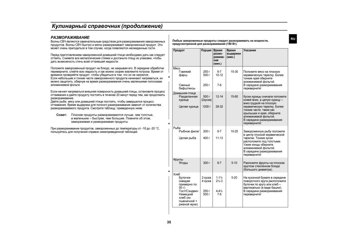 Samsung CE1110R/SBW, CE1110R-D/BWT, CE1110R/BWT manual Размораживание 