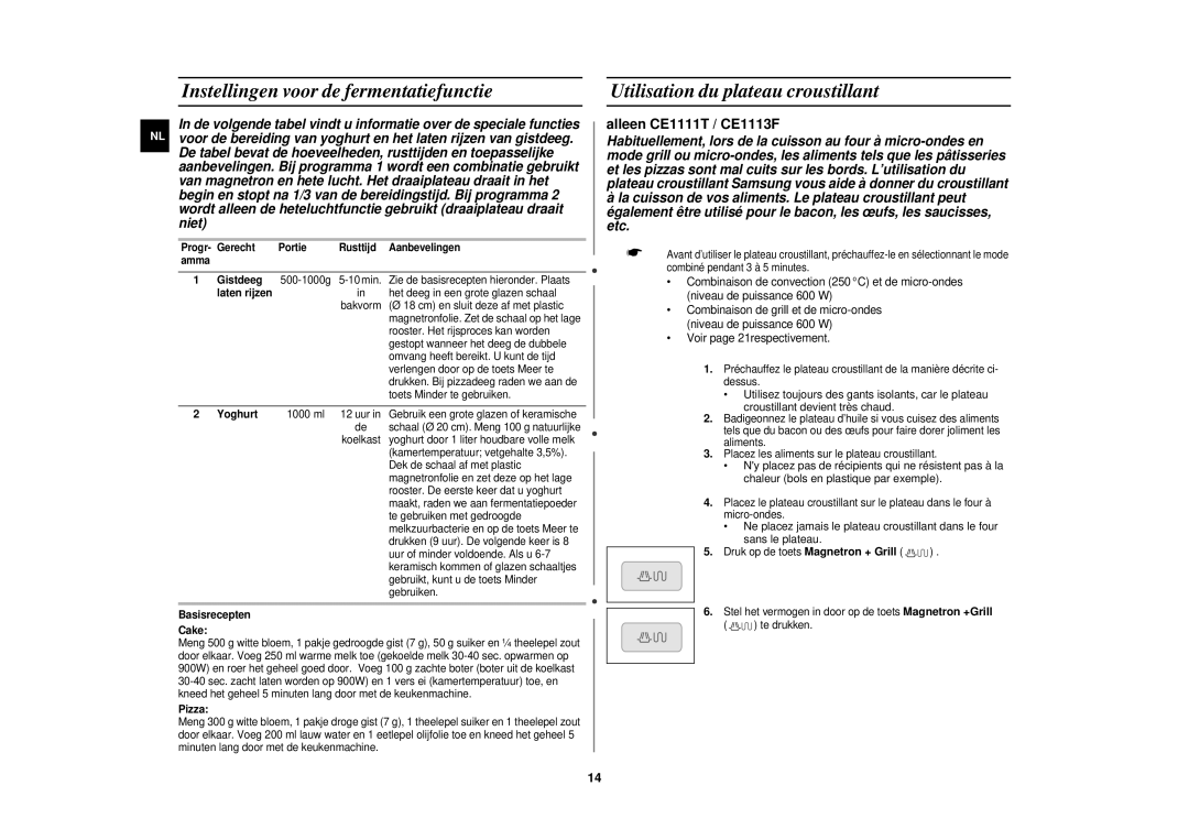 Samsung CE1110/XEN manual Instellingen voor de fermentatiefunctie, Utilisation du plateau croustillant 