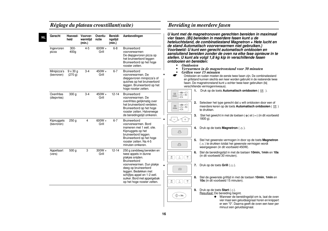 Samsung CE1110/XEN manual Réglage du plateau croustillantsuite, Bereiding in meerdere fasen 