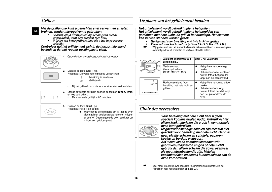 Samsung CE1110/XEN manual Grillen, De plaats van het grillelement bepalen, Choix des accessoires 