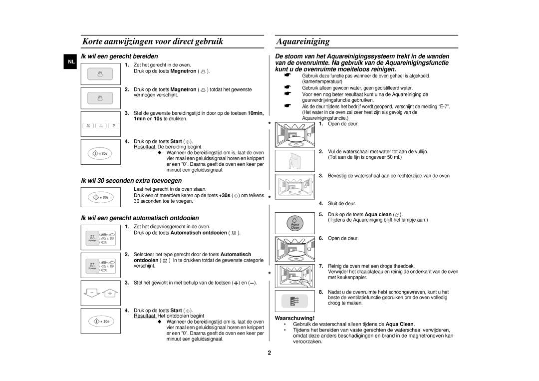 Samsung CE1110/XEN manual Korte aanwijzingen voor direct gebruik, Aquareiniging, Ik wil een gerecht bereiden 