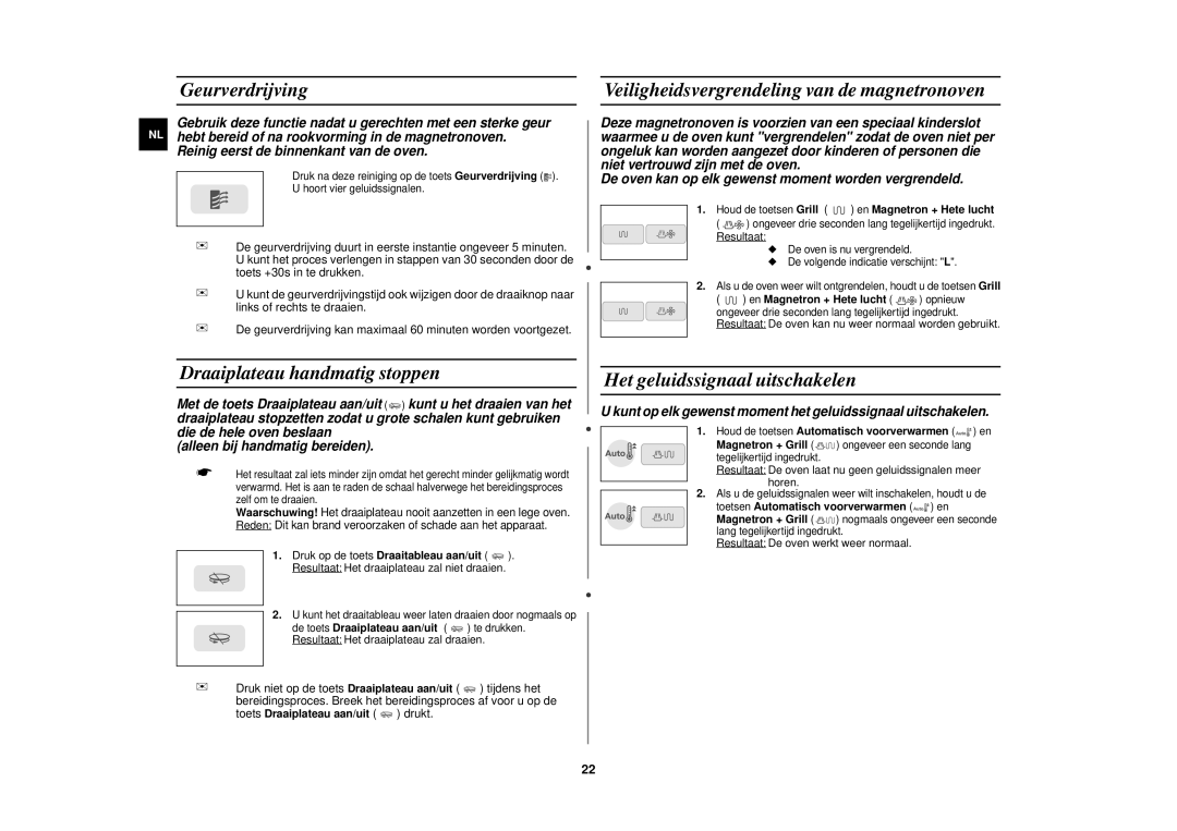 Samsung CE1110/XEN manual Geurverdrijving, Draaiplateau handmatig stoppen, Veiligheidsvergrendeling van de magnetronoven 