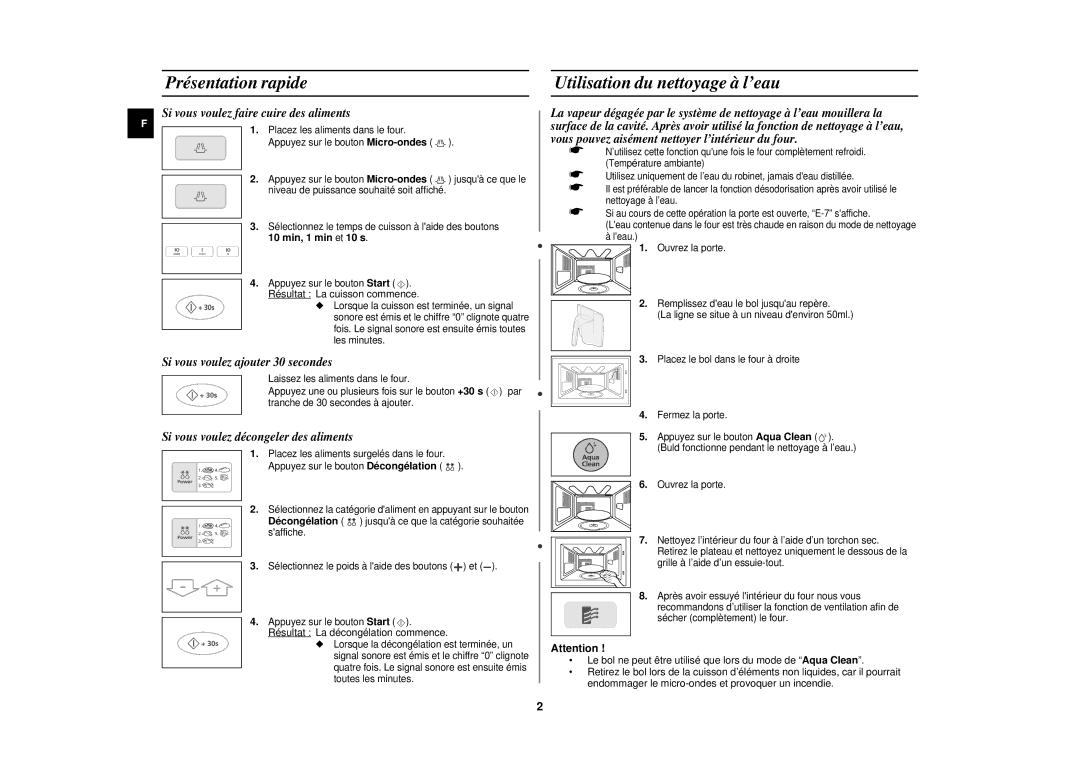 Samsung CE1110/XEN manual Présentation rapide Utilisation du nettoyage à l’eau, Si vous voulez faire cuire des aliments 