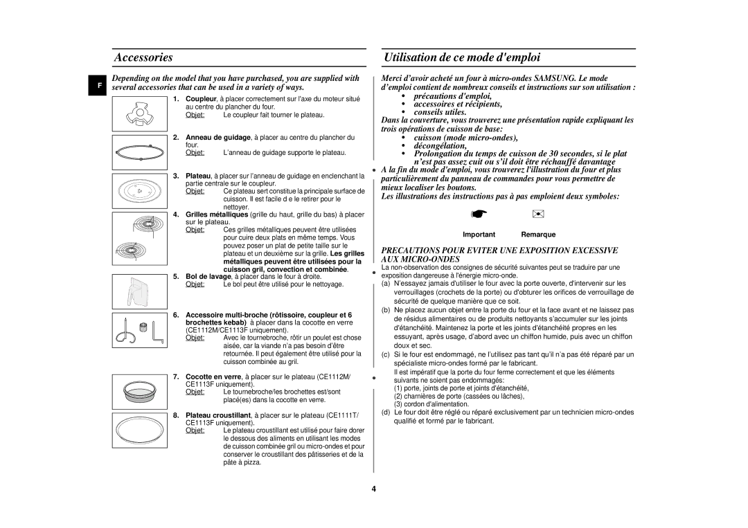 Samsung CE1110/XEN manual Accessories, Utilisation de ce mode demploi, Important Remarque 