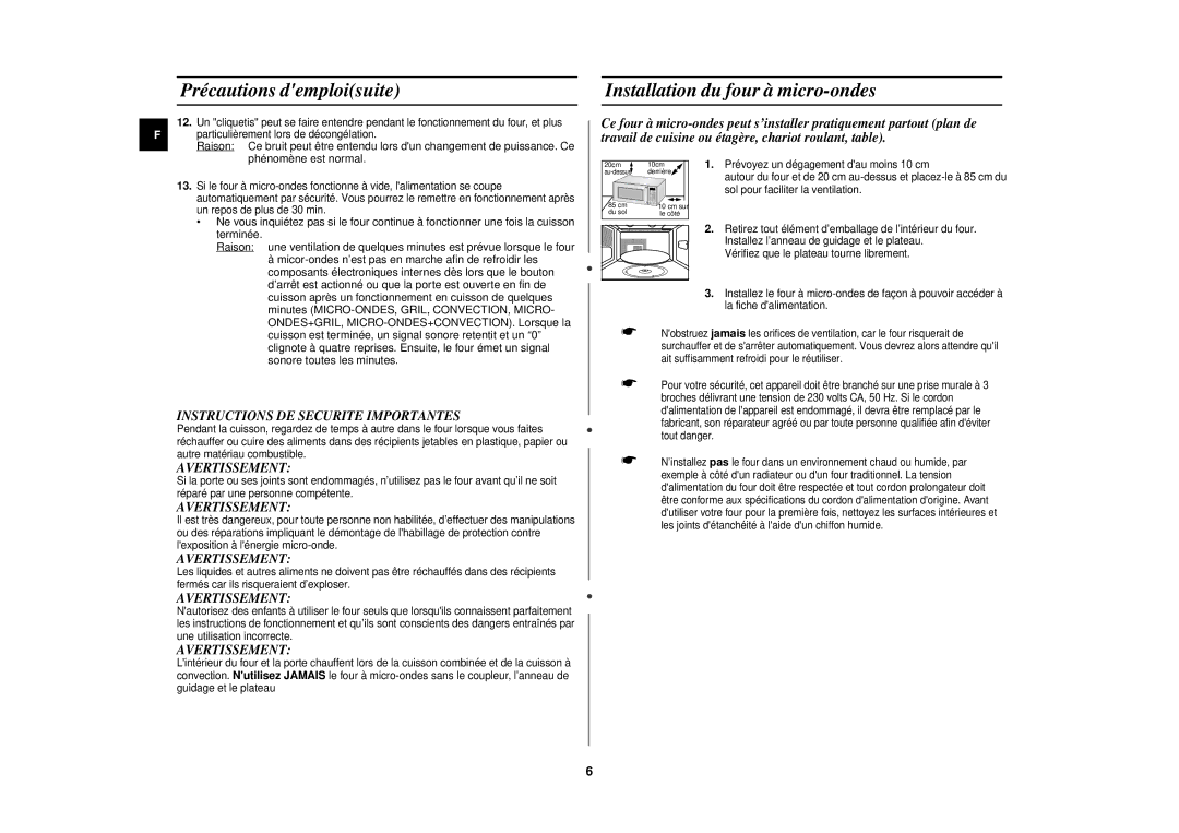 Samsung CE1110/XEN Précautions demploisuite, Installation du four à micro-ondes, Instructions DE Securite Importantes 