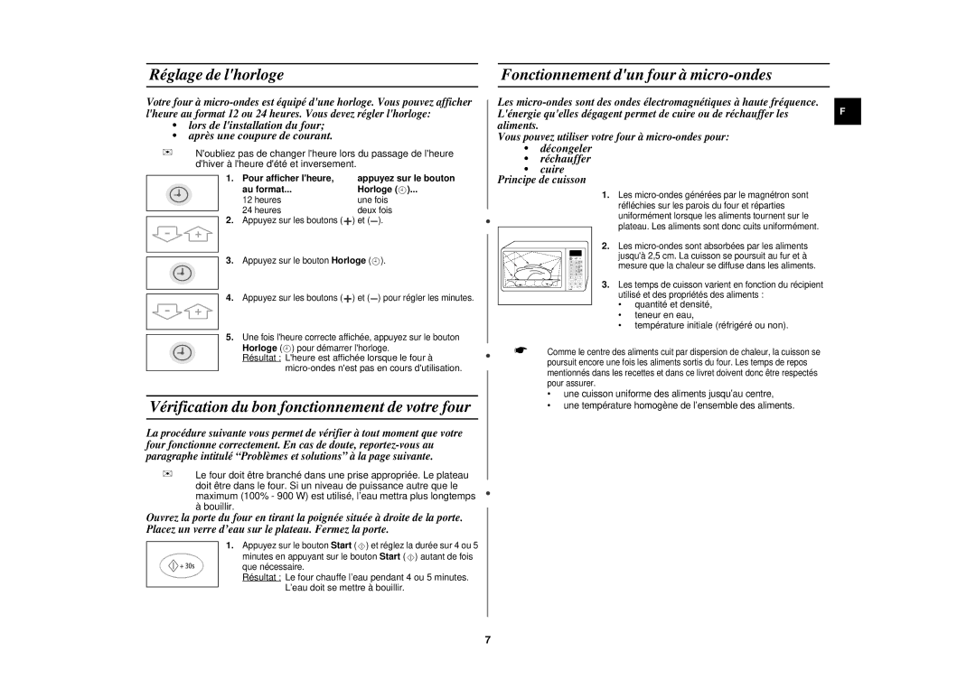 Samsung CE1110/XEN manual Réglage de lhorloge, Vérification du bon fonctionnement de votre four, Pour afficher lheure 