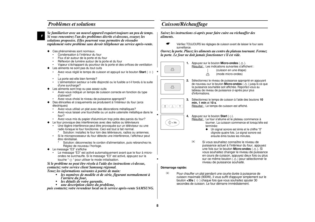 Samsung CE1110/XEN manual Problèmes et solutions, Cuisson/Réchauffage, Min, 1 min et 10 s, Démarrage rapide 