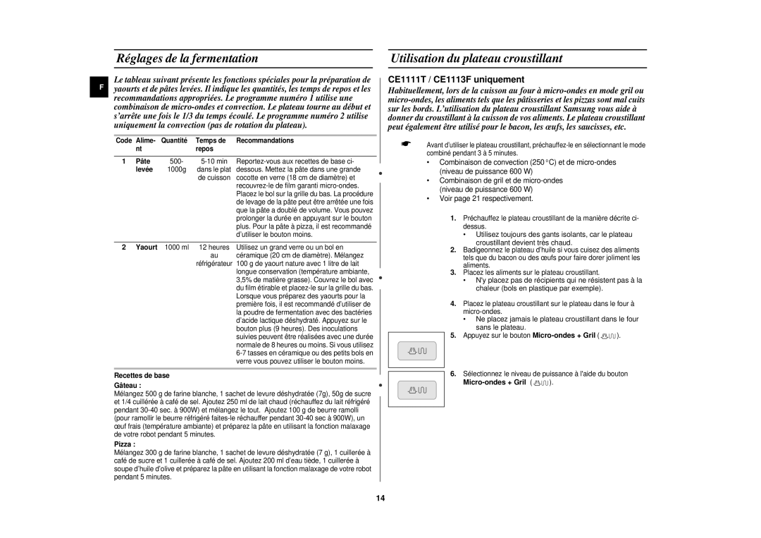 Samsung CE1110/XEN manual Réglages de la fermentation, Micro-ondes + Gril 