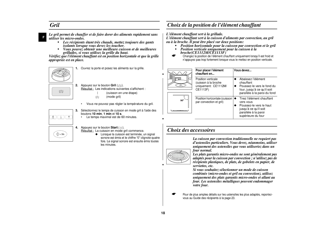 Samsung CE1110/XEN manual Choix de la position de lélément chauffant 