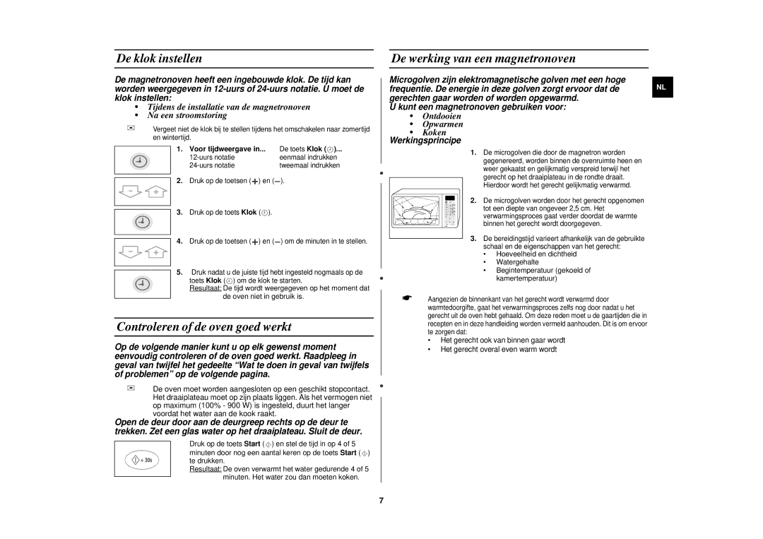 Samsung CE1110/XEN manual De klok instellen, Controleren of de oven goed werkt, De werking van een magnetronoven 
