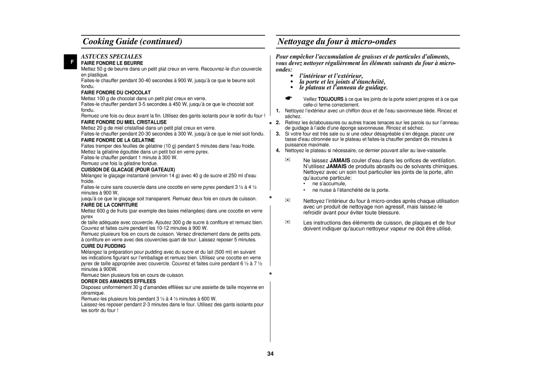 Samsung CE1110/XEN manual Cooking Guide, Nettoyage du four à micro-ondes, Astuces Speciales 