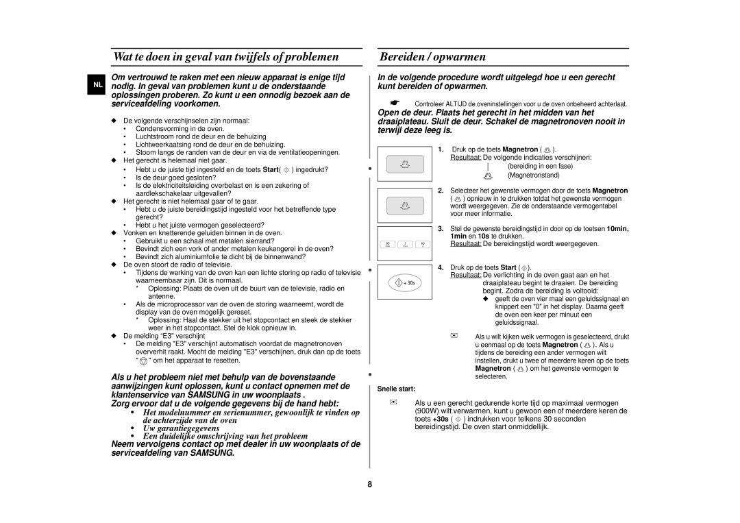 Samsung CE1110/XEN manual Wat te doen in geval van twijfels of problemen, Bereiden / opwarmen 