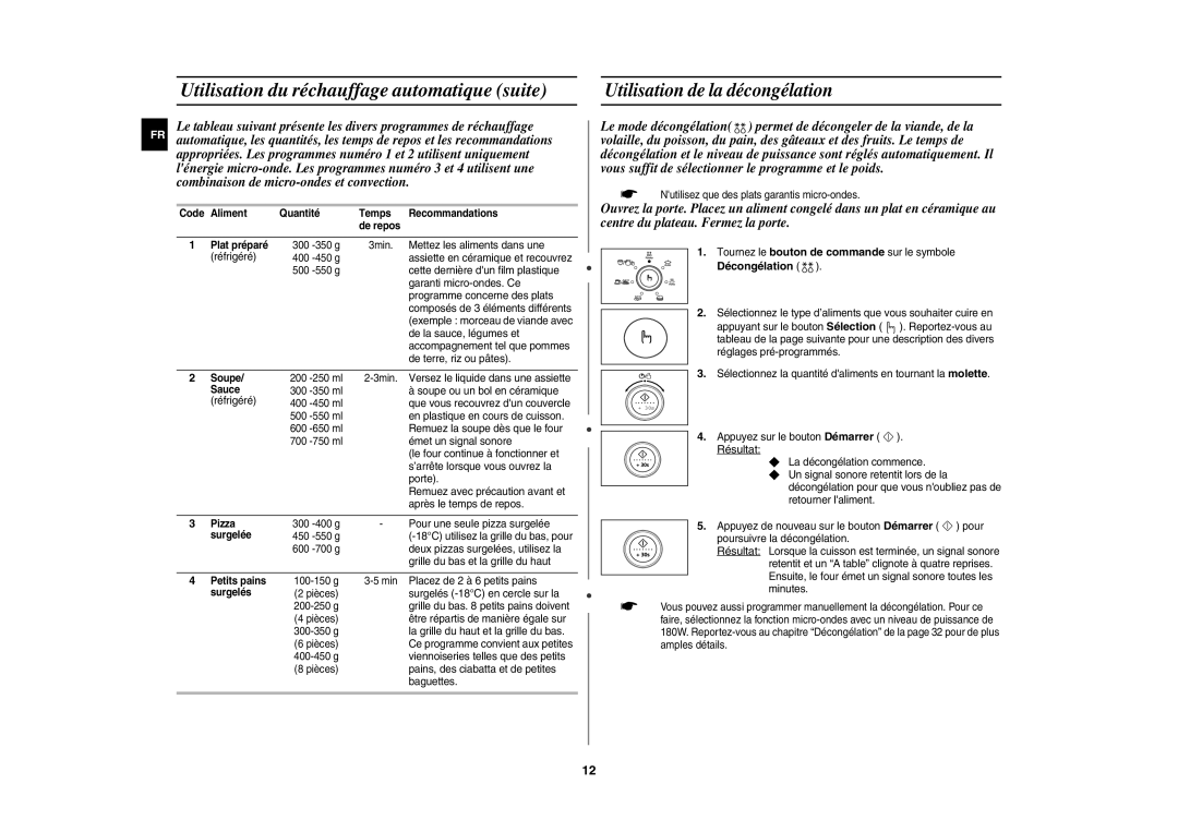 Samsung CE1140/XEF manual Utilisation du réchauffage automatique suite, Utilisation de la décongélation 