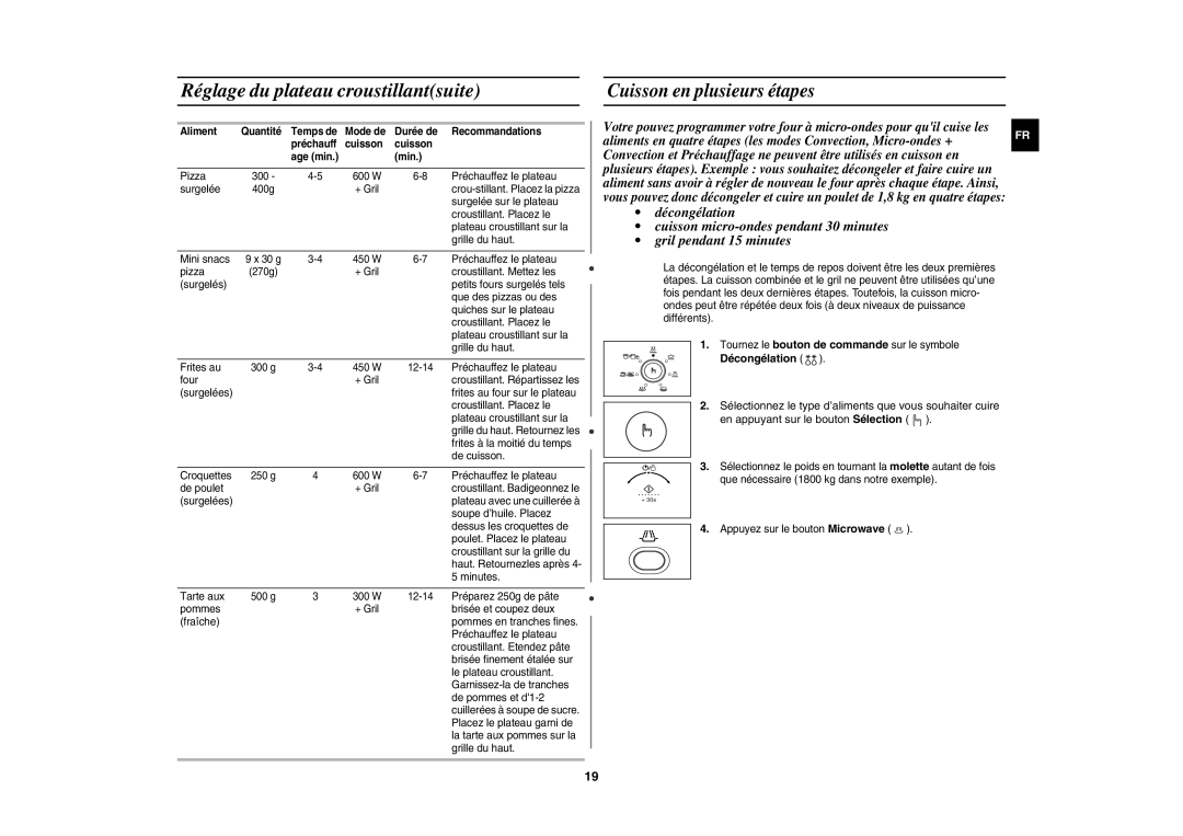 Samsung CE1140/XEF manual Réglage du plateau croustillantsuite, Cuisson en plusieurs étapes 