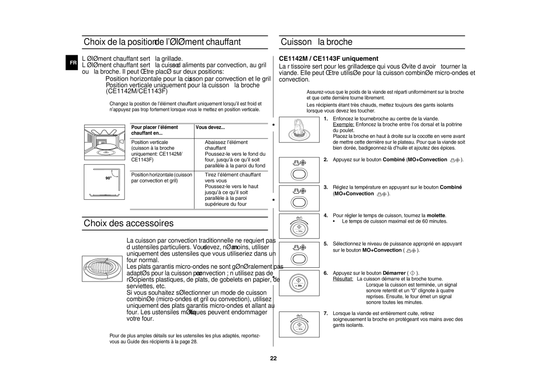 Samsung CE1140/XEF Choix des accessoires, Choix de la position de lélément chauffant, Cuisson à la broche, MO+Convection 