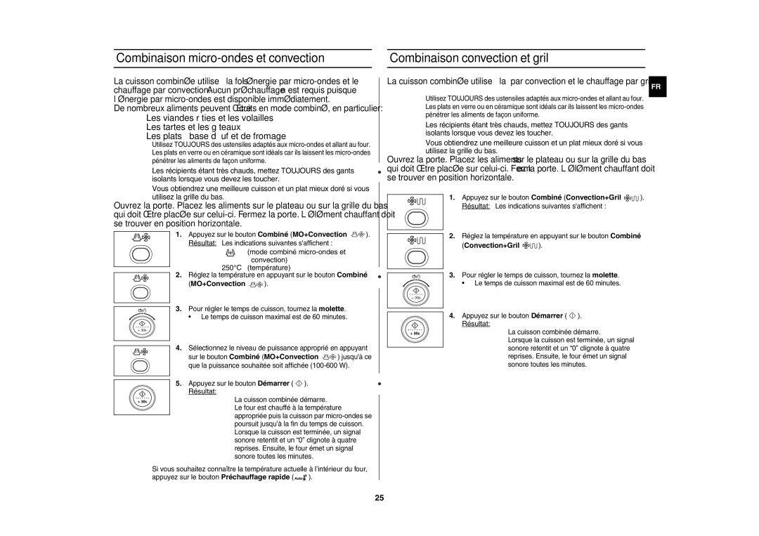 Samsung CE1140/XEF manual Mode combiné micro-ondes et convection 250C température, Convection+Gril 