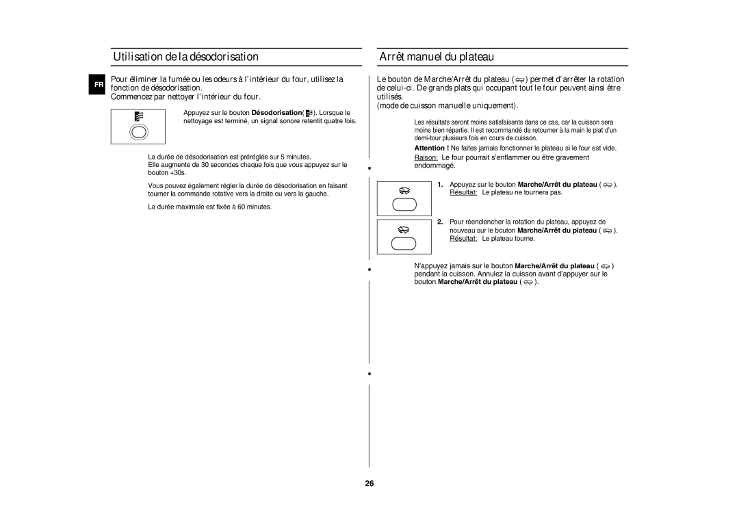 Samsung CE1140/XEF Utilisation de la désodorisation, Arrêt manuel du plateau,  La durée maximale est fixée à 60 minutes 