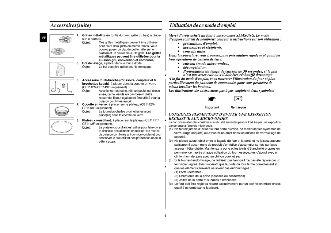 Samsung CE1140/XEF manual Accessoiressuite, Utilisation de ce mode demploi, Cuisson gril, convection et combinée 