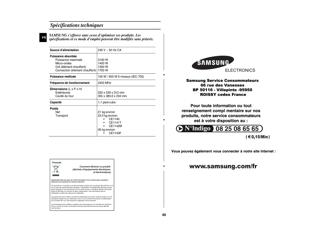 Samsung CE1140/XEF manual Spécifications techniques, Dimensions L x P x H, Poids 