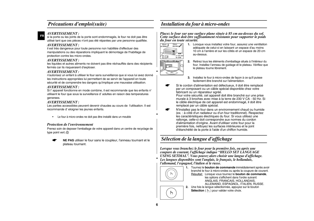 Samsung CE1140/XEF manual Précautions demploisuite, Sélection de la langue daffichage, Installation du four à micro-ondes 