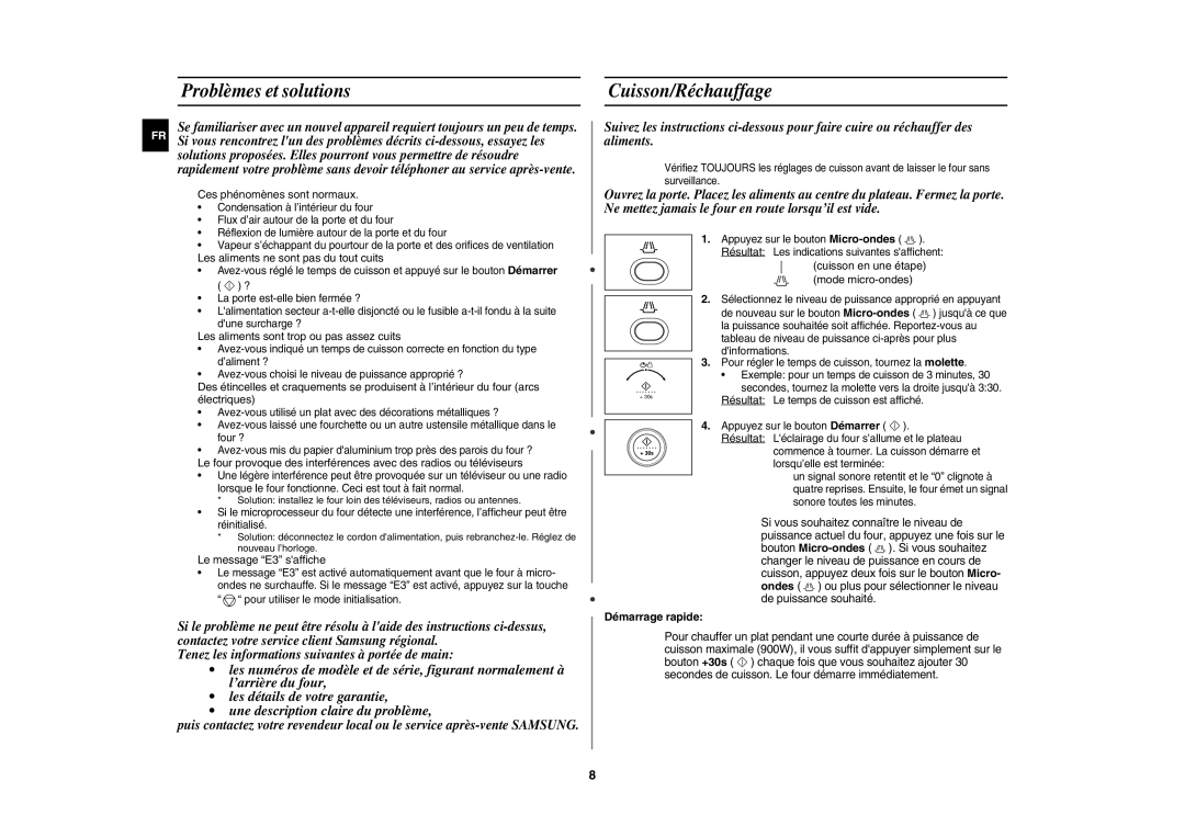Samsung CE1140/XEF manual Problèmes et solutions, Cuisson/Réchauffage, Démarrage rapide 