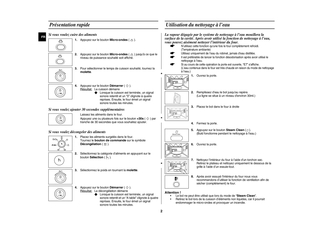 Samsung CE1141T/XEF, CE1141T-S/XEF manual Présentation rapide Utilisation du nettoyage à l’eau, Molette, Décongélation 