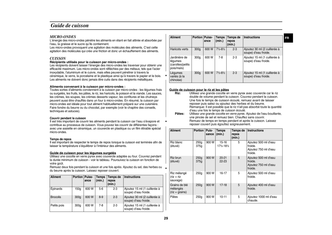 Samsung CE1141T-S/XEF, CE1141T/XEF manual Guide de cuisson, Micro-Ondes, Cuisson 