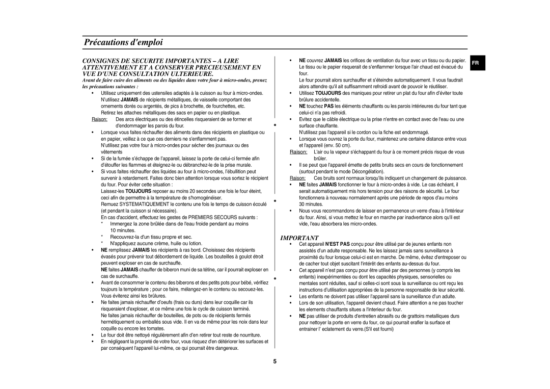 Samsung CE1141T-S/XEF, CE1141T/XEF manual Précautions demploi, Dendommager les parois du four 