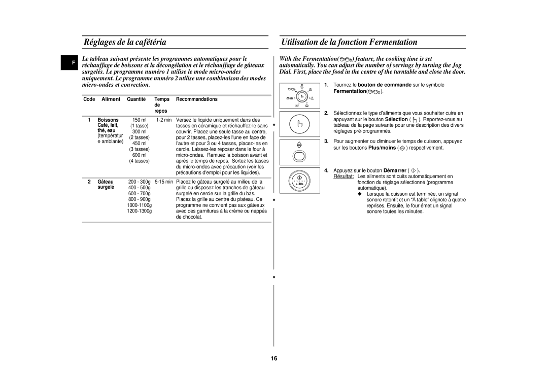 Samsung CE1141T/XEF manual Aliment, Fermentation 