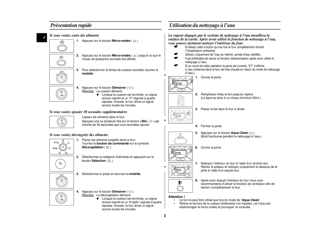 Samsung CE1141T/XEF manual Présentation rapide Utilisation du nettoyage à l’eau, Molette, Décongélation 