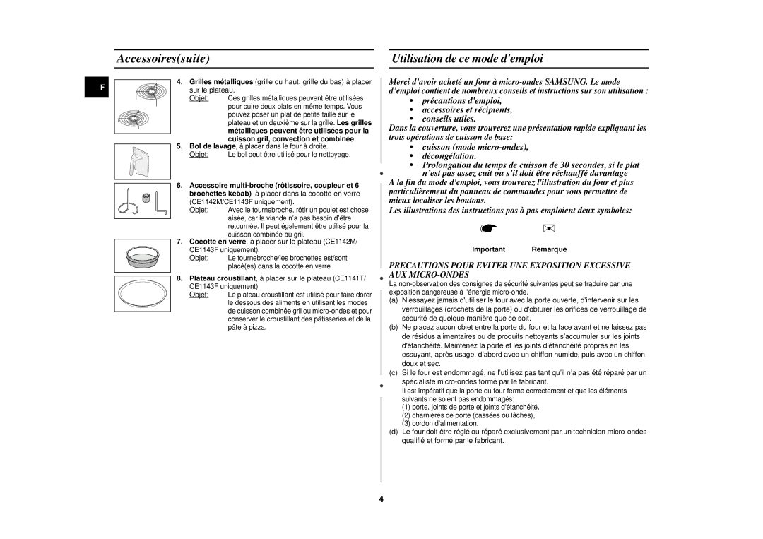 Samsung CE1141T/XEF manual Accessoiressuite, Utilisation de ce mode demploi, Cuisson gril, convection et combinée 