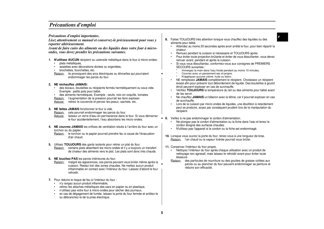 Samsung CE1141T/XEF manual Précautions demploi, NE réchauffez Jamais 